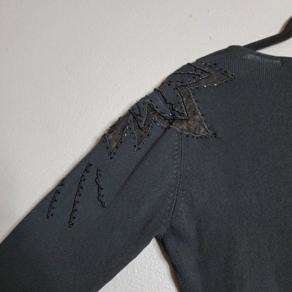 Vintage Fitted Ribbed Applique Beaded‎ Shoulder Detail 3/4 Sleeve Black sz L - Picture 7 of 7